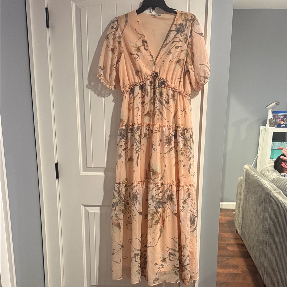 Baltic Born Peach Floral V-Neck Tiered Maxi Dress
